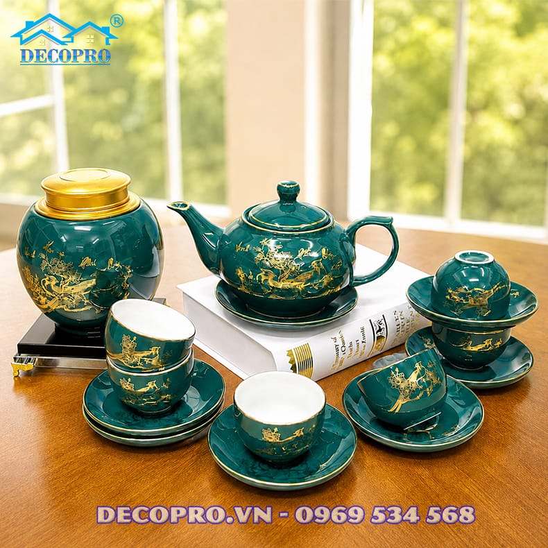 Bộ ấm chén uống trà Bát Tràng in vàng 24k "Vinh Hoa Phú Quý"