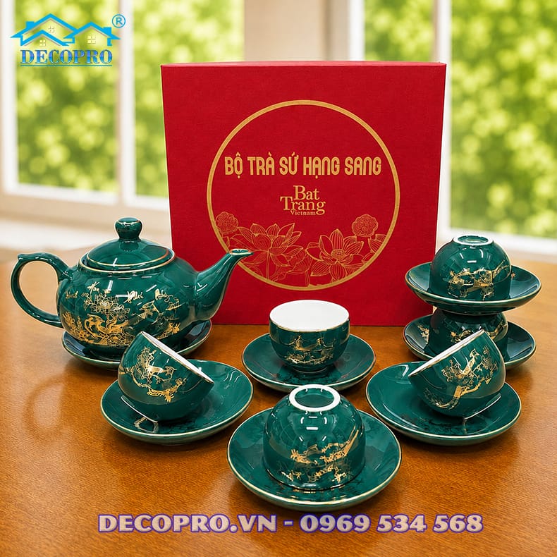 Bộ chén trà hoa văn chim Trĩ và hoa mẫu đơn sang trọng