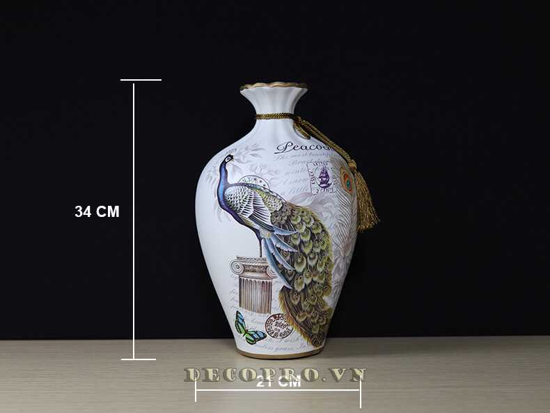 Lục bình lớn chiều cao 34cm trong bộ bình gốm chim công