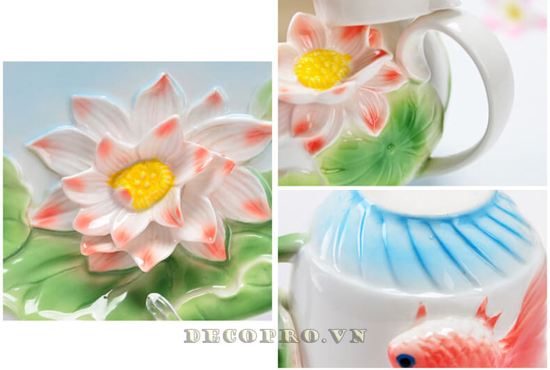 Bộ ấm trà cao cấp thập ngư quần hội với điểm nhấn từ hình ảnh cá chép, hoa sen gốm sứ đắp nổi