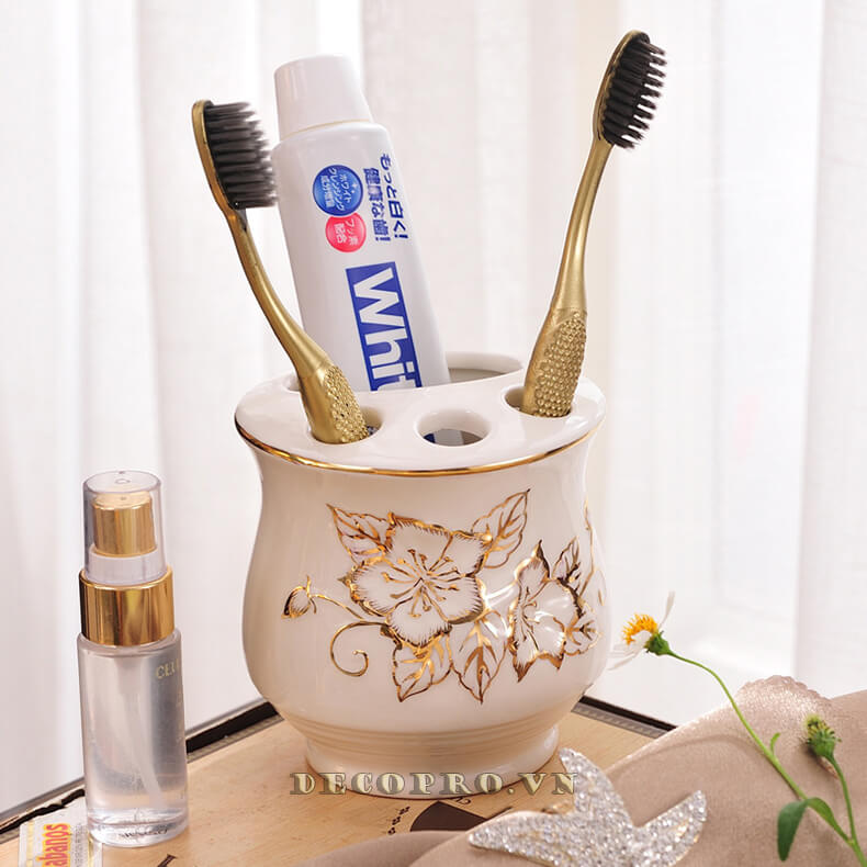 Đồ đựng bàn chải và kem đánh răng làm từ gốm sứ cao cấp vẽ vàng 24k