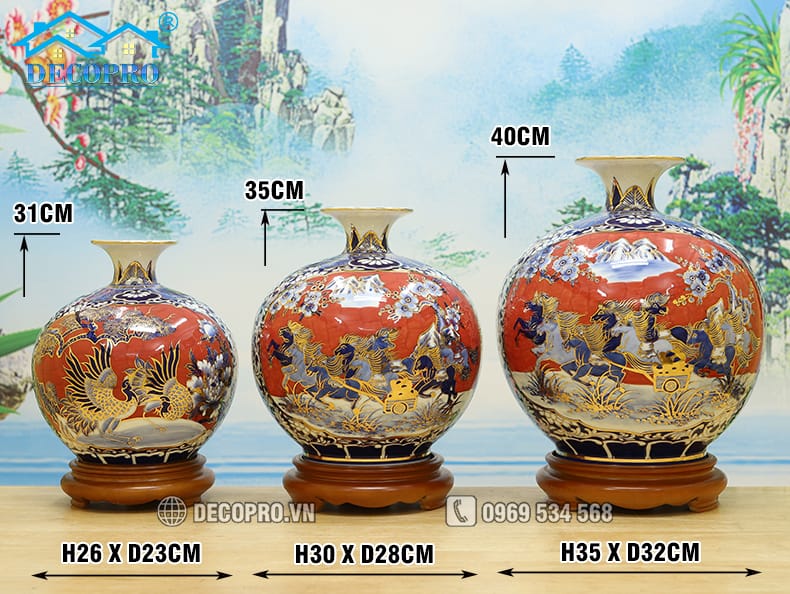 Kích thước 3 size Bình tài lộc mệnh Hỏa Bát Tràng vẽ vàng 24k cao cấp tại Decopro.vn