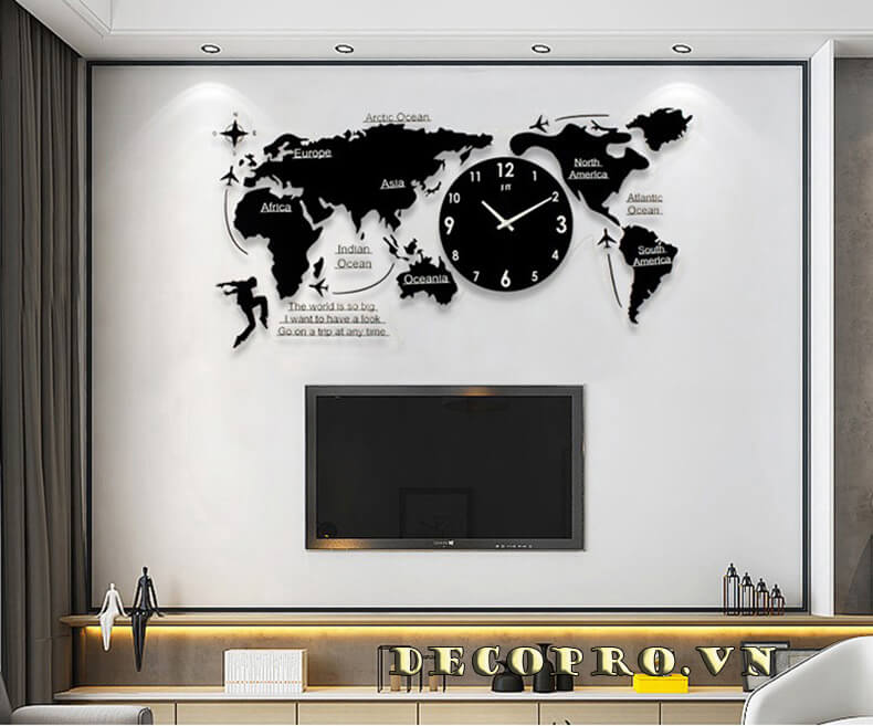 Tranh đồng hồ treo tường Bản đồ thế giới - Đồ decor treo tường độc đáo