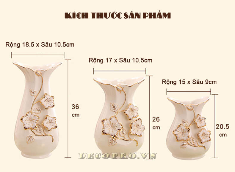Kích thước chuẩn của bộ bình gốm sứ cao cấp BG045