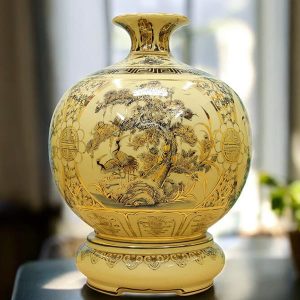 Bình gốm Chu Đậu vẽ vàng 24k Tứ Cảnh H40cm BG217-A1
