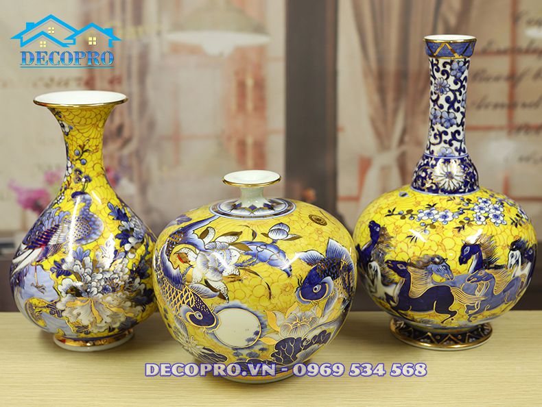 Bộ bình hút tài lộc Gốm Bát Tràng mô phỏng theo dáng bao tiền Thần Tài