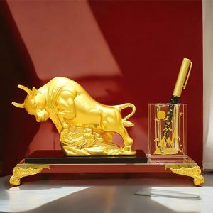 Khay Bút Tượng Trâu Phong Thủy Hợp Kim Mạ Vàng QTV032