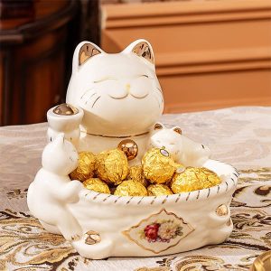Khay Đựng Bánh Kẹo Mèo Thần Tài Gốm Sứ KTV041-A2