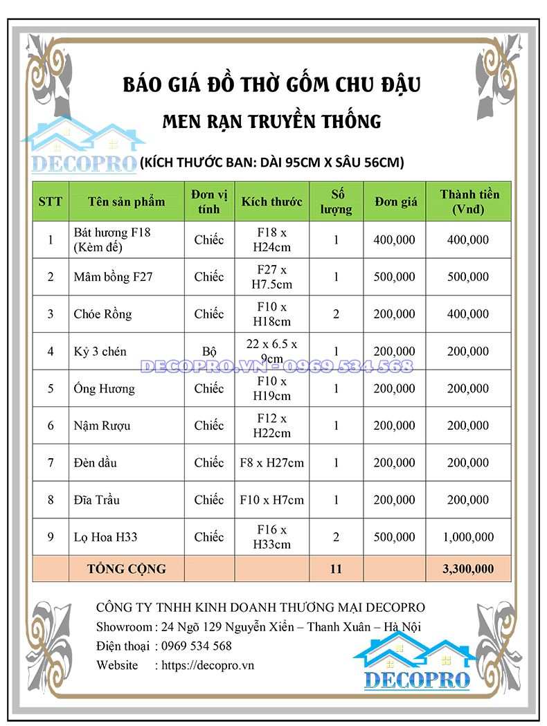 Báo giá bộ đồ thờ gốm Chu Đậu truyền thống (11 món)