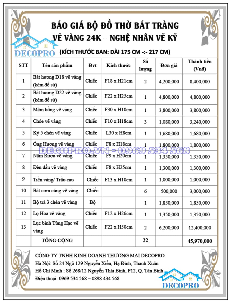 Báo Giá Bộ Đồ Thờ Gia Tiên Gốm Sứ Bát Tràng Vẽ Vàng 22 món