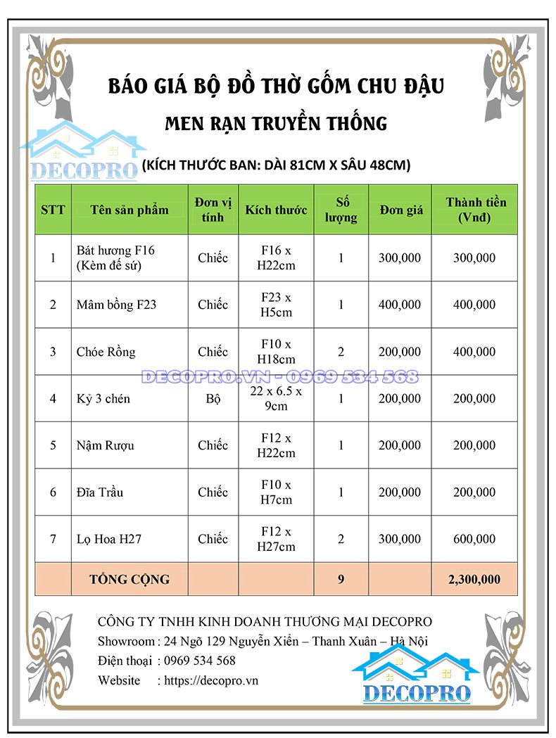 Báo giá bộ đồ thờ gốm Chu Đậu truyền thống (9 món)