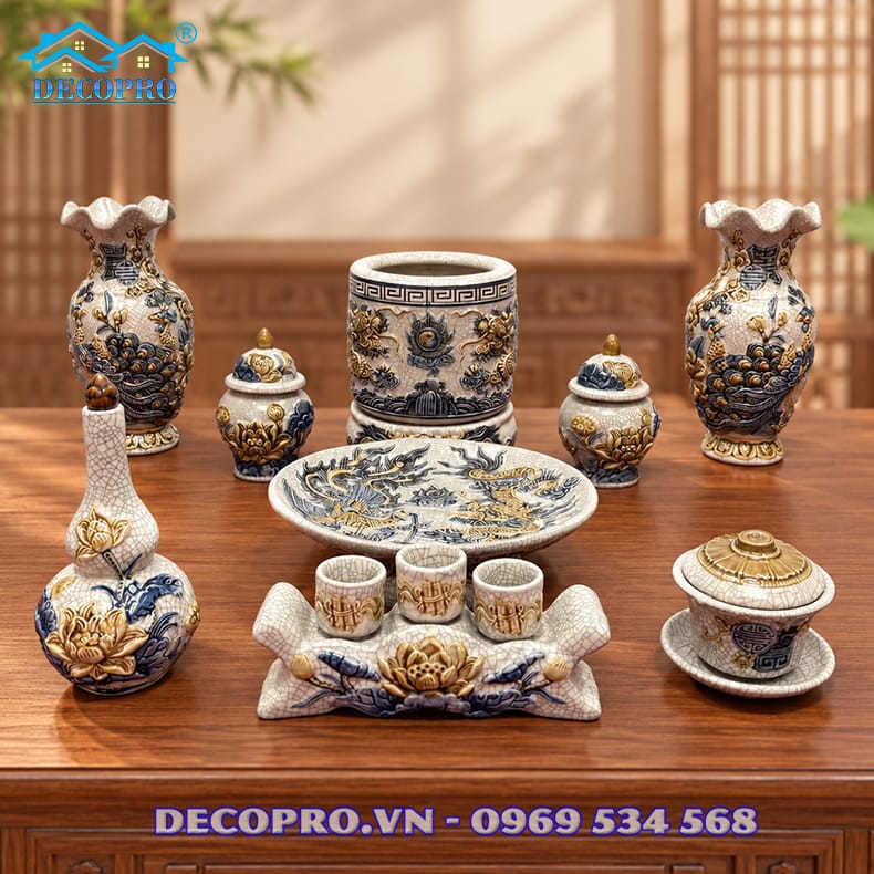 Bộ Đồ Thờ Men Rạn Bát Tràng 9 Món