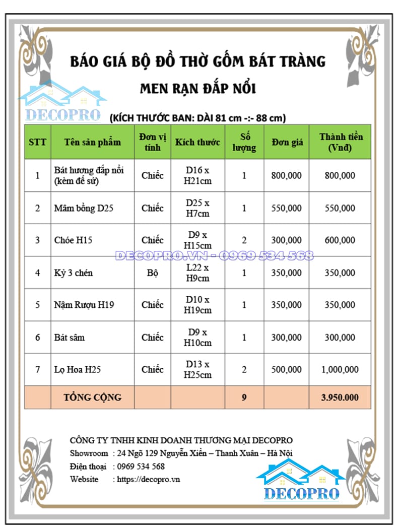Báo Giá Bộ Đồ Thờ Bát Tràng 9 Món