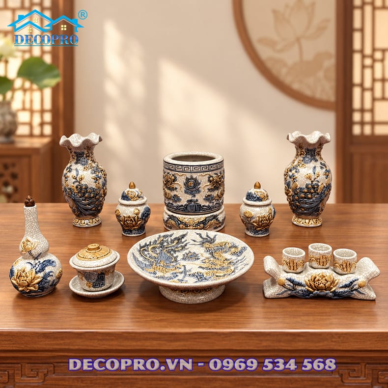 Thành Phần Bộ Đồ Thờ Rạn Đắp Nổi Bát Tràng tại Decopro.vn