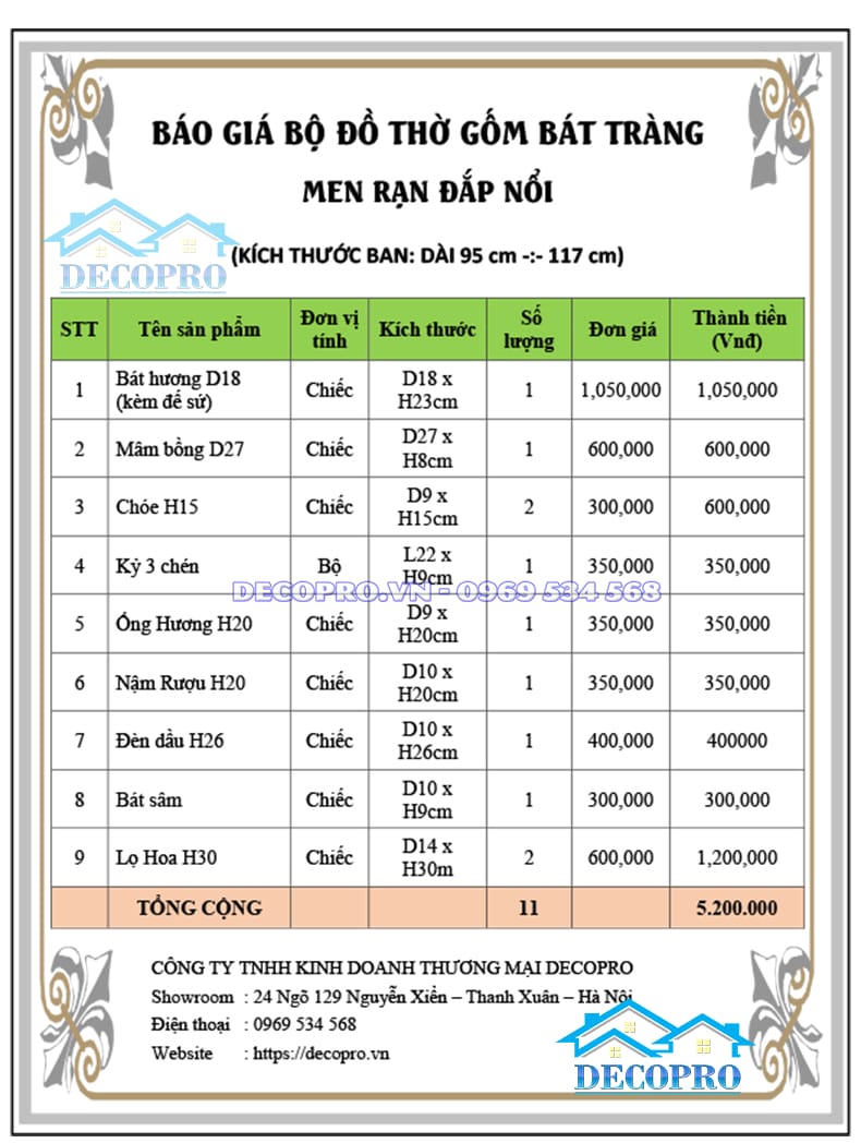 Báo giá bộ đồ thờ men rạn đắp nổi 11 món