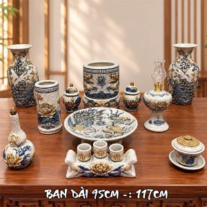 Bộ Đồ Thờ Bát Tràng Men Rạn Đắp Nổi Ban 95-117cm DTR1.2