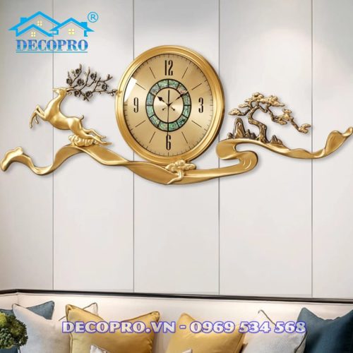 Đồng hồ treo tường Hươu Đồng Tài Lộc liền khối khảm bảo ngư