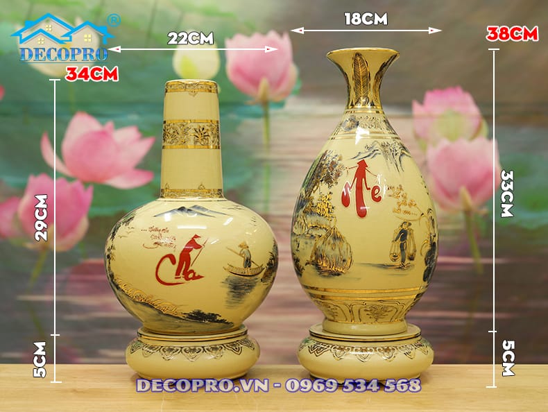 Cặp Bình Cha Mẹ Gốm Chu Đậu Vẽ Vàng 24k H38cm (Size Bé)