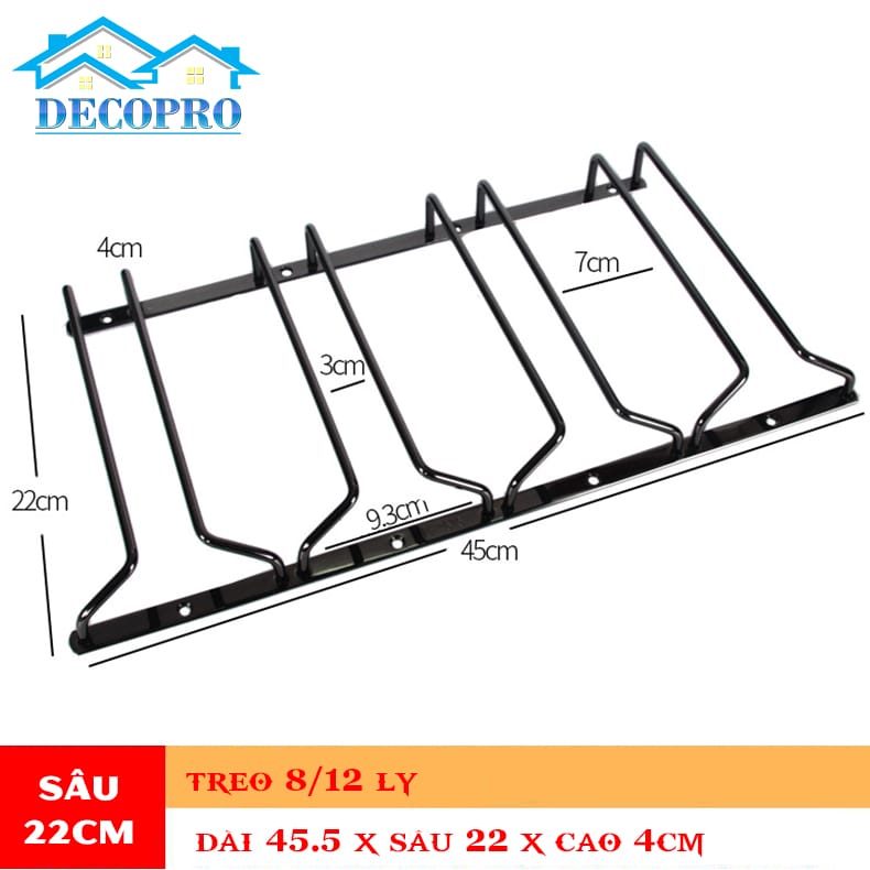 Giá treo Ly Inox 304 loại 4 khe: Dài 45 x sâu 22cm (Treo 8/12 ly)