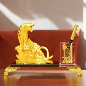 Khay Đựng Bút Tượng Hổ Hợp Kim Mạ Vàng QTV030