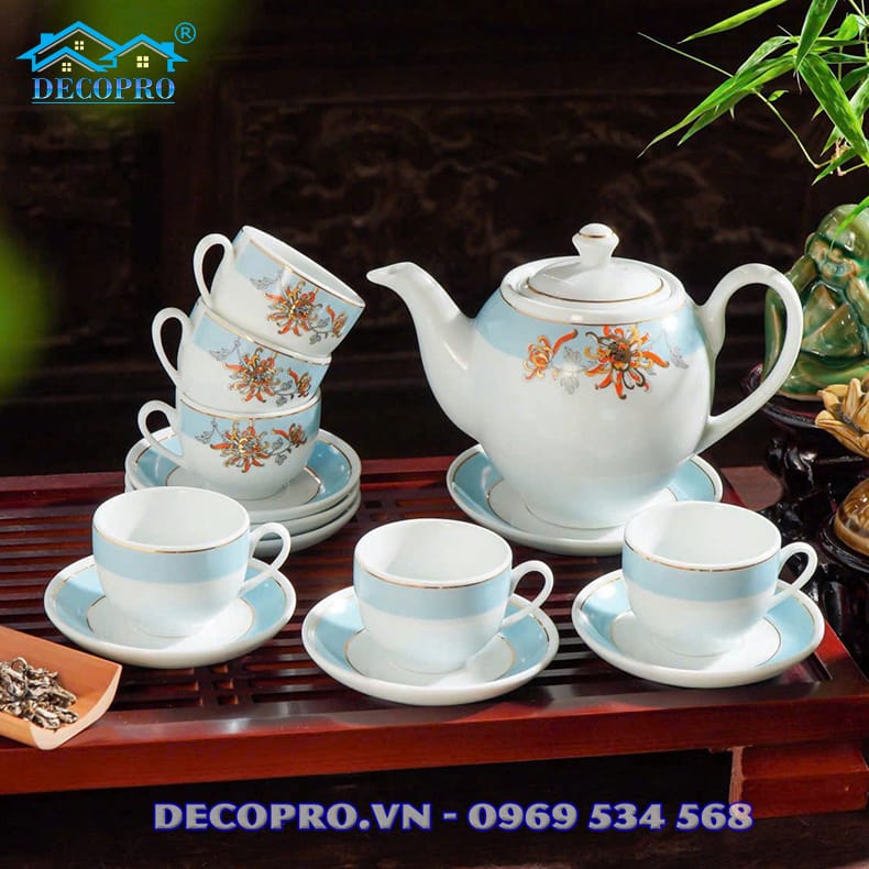 Bộ Trà Bát Tràng Bách Cúc Viền Lam Kẻ Vàng 24k tại Decopro.vn