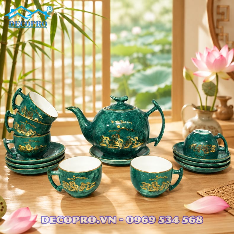 Chi tiết họa tiết Mã Đáo Thành Công trên bộ ấm chén Bát Tràng, hình ảnh đàn ngựa mạnh mẽ tượng trưng cho may mắn, tài lộc và thành công trong công việc.