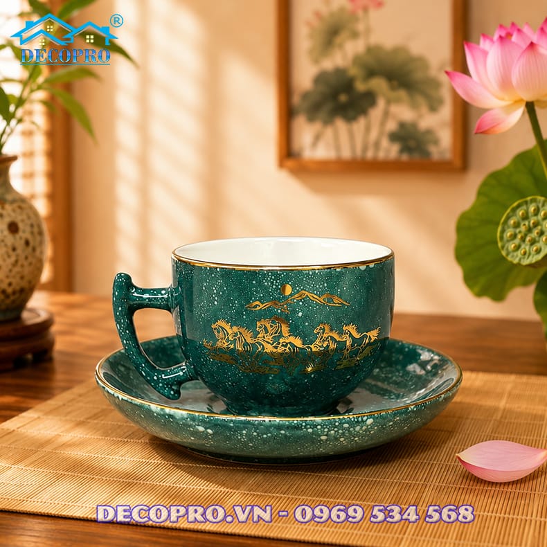 Chén trà vân đá xanh đồng bộ họa tiết Mã Đáo Thành Công ánh vàng, kết hợp đĩa lót tạo nên tổng thể trang nhã và cao cấp.