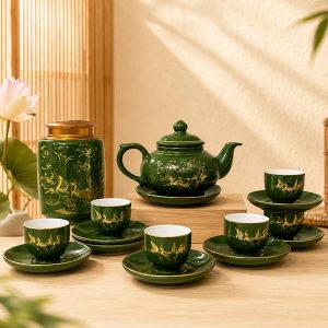 Bộ trà Bát Tràng xanh lục Sen Hạc Tài Lộc BAT156