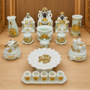 Bộ Thờ Tài Địa Đá Ngọc Trắng Dát Vàng DTD1